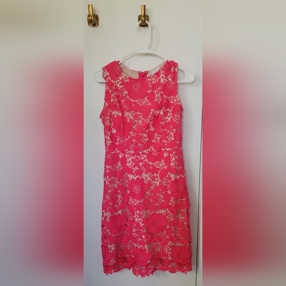 New York and Company pink lace dress with beige lining
